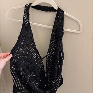 Peppermayo Black Embellished Backless Halter Crop Top